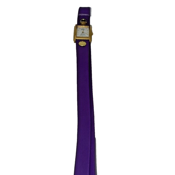 LA MER Women’s Wrap Watch Purple Leather Strap Gold Square Case – New Battery